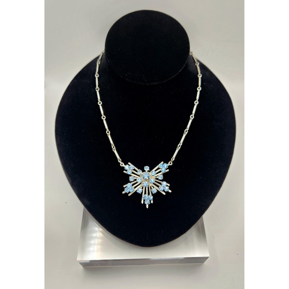 Signed Coro Vintage Blue Rhinestone Snowflake Necklace Atomic Starburst 1950s